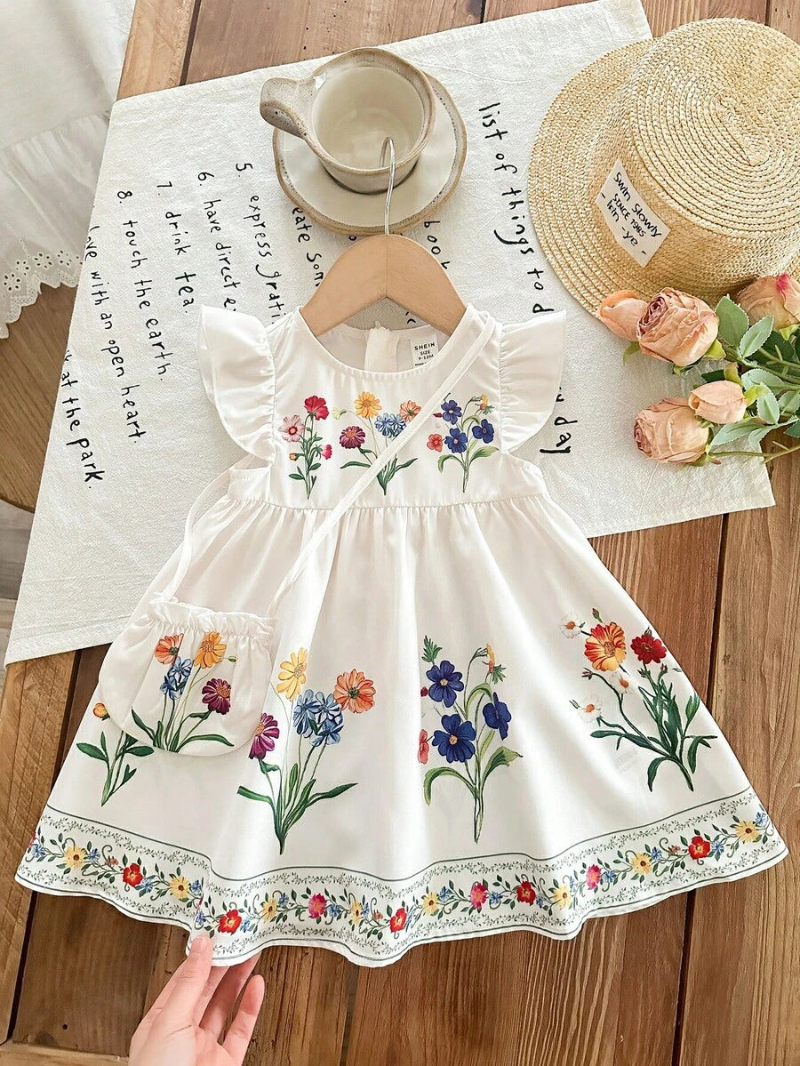 Infant Girl 2-Piece Embroidered Dress Set with Diagonal Shoulder Bag