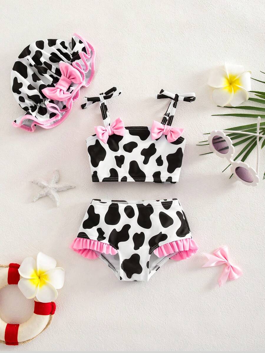 Baby Cow Print Spaghetti Strap Bikini Swimsuit with Bow and Matching Hat