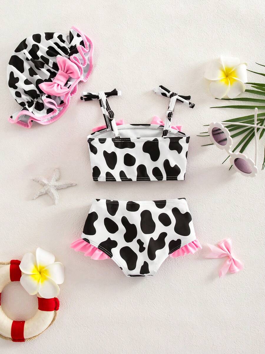 Baby Cow Print Spaghetti Strap Bikini Swimsuit with Bow and Matching Hat