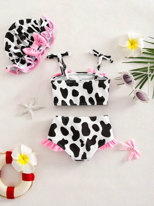 Baby Cow Print Spaghetti Strap Bikini Swimsuit with Bow and Matching Hat