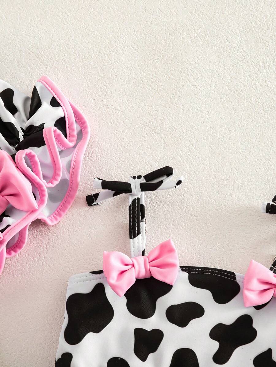 Baby Cow Print Spaghetti Strap Bikini Swimsuit with Bow and Matching Hat
