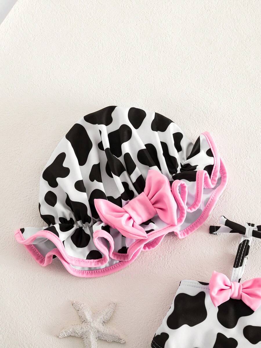Baby Cow Print Spaghetti Strap Bikini Swimsuit with Bow and Matching Hat