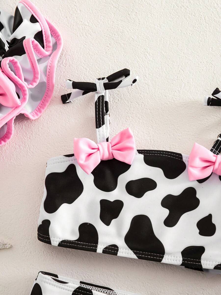 Baby Cow Print Spaghetti Strap Bikini Swimsuit with Bow and Matching Hat