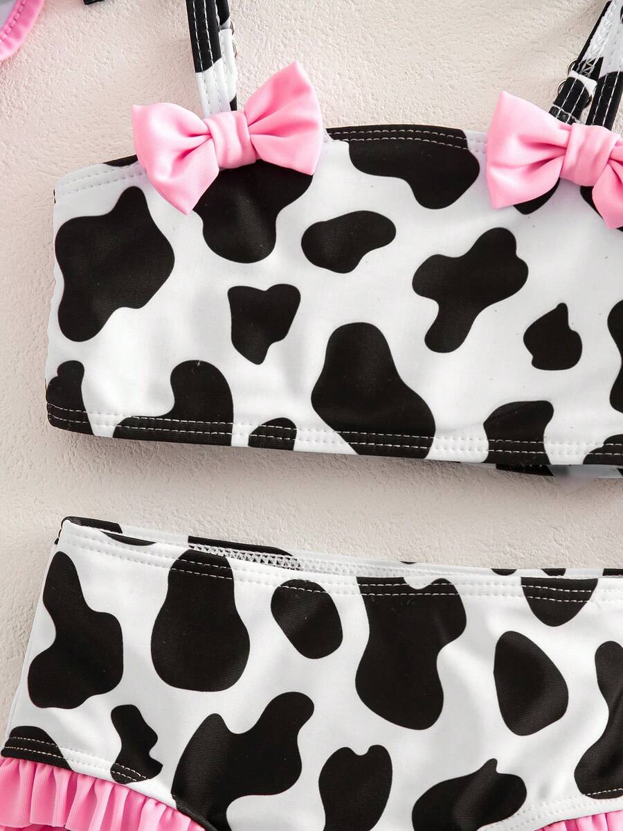 Baby Cow Print Spaghetti Strap Bikini Swimsuit with Bow and Matching Hat