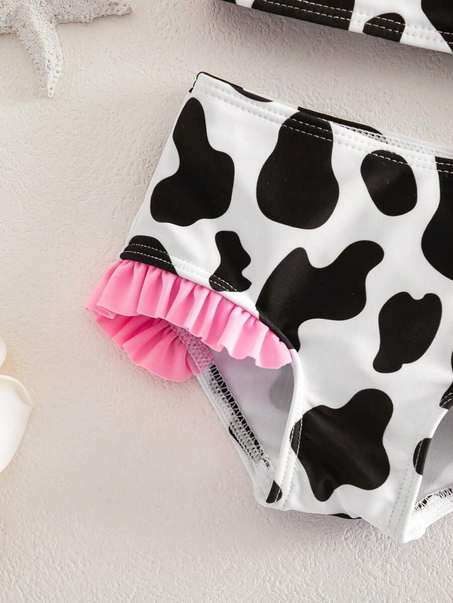 Baby Cow Print Spaghetti Strap Bikini Swimsuit with Bow and Matching Hat