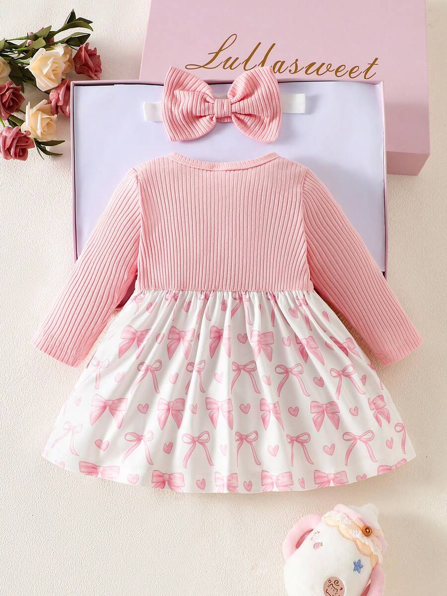 Baby Girl Floral Patchwork Dress & Headband Set - Sweet Pink Autumn Outfit