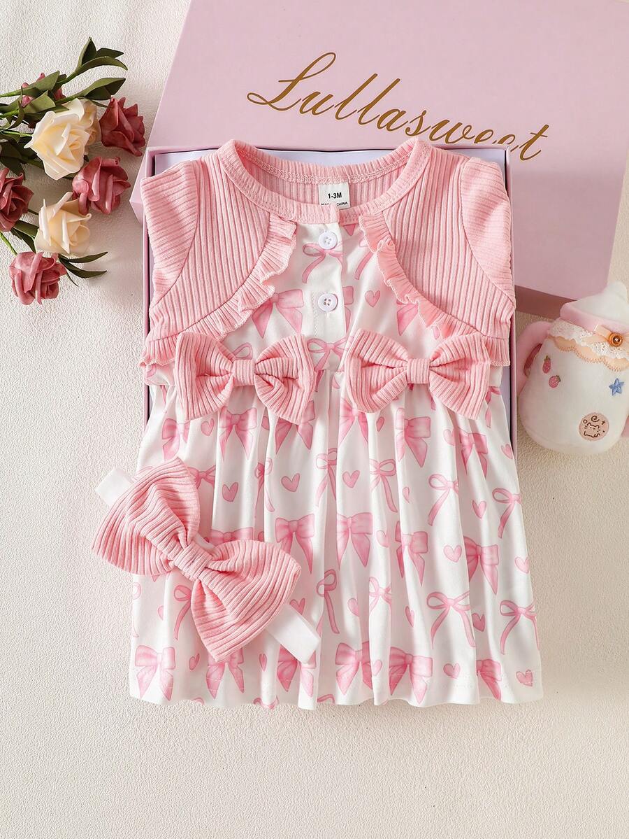 Baby Floral Bow Dress and Headband Set for Sweet Autumn and Winter Daily Wear