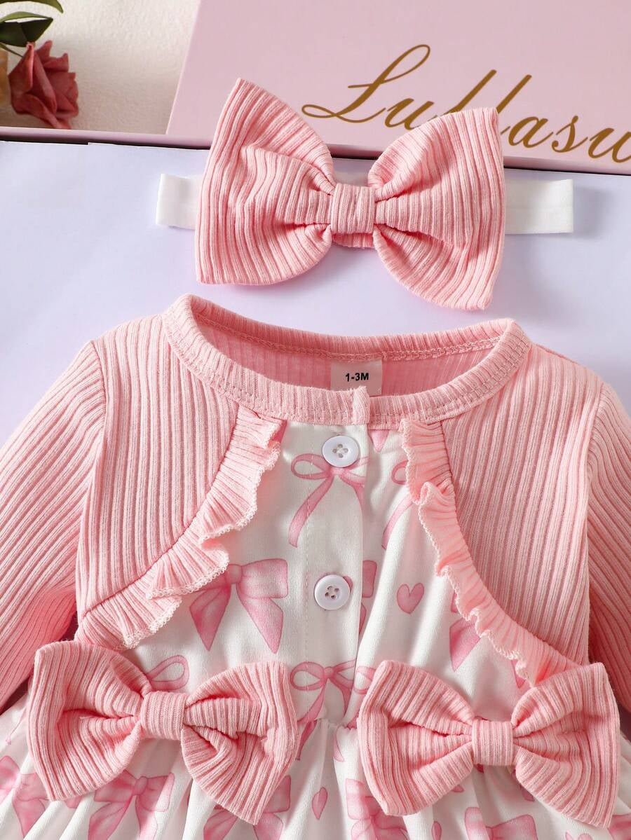 Baby Girl Floral Patchwork Dress & Headband Set - Sweet Pink Autumn Outfit
