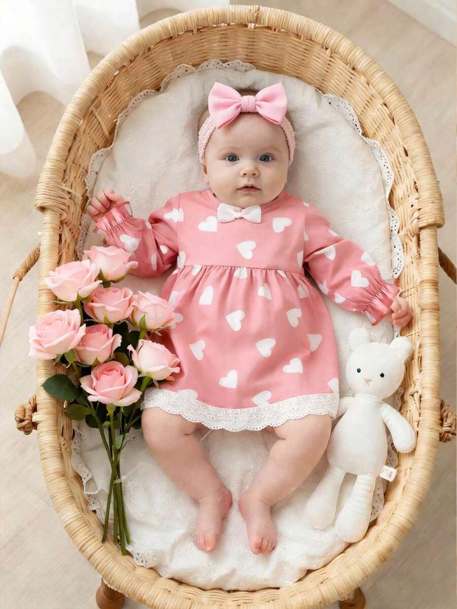 Baby Pink Heart Knit Dress with 3D Bow for Cute Daily and Outdoor Wear