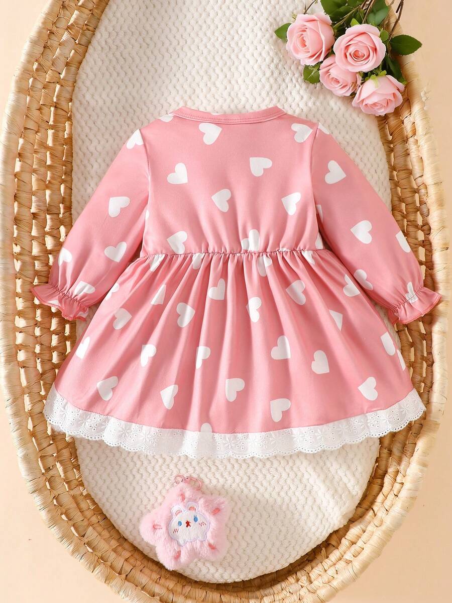 Baby Pink Heart Knit Dress with 3D Bow for Cute Daily and Outdoor Wear
