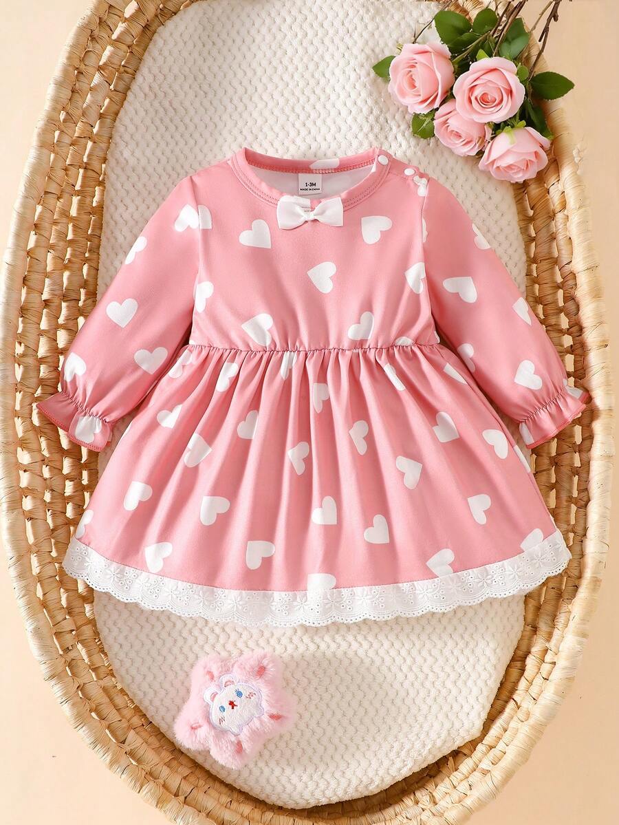 Baby Pink Heart Knit Dress with 3D Bow for Cute Daily and Outdoor Wear