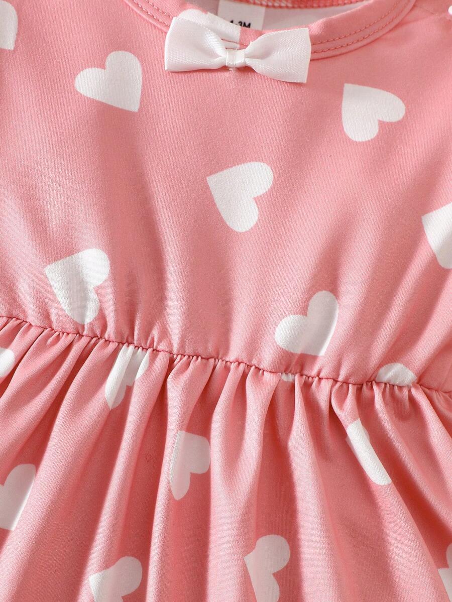 Baby Pink Heart Knit Dress with 3D Bow for Cute Daily and Outdoor Wear