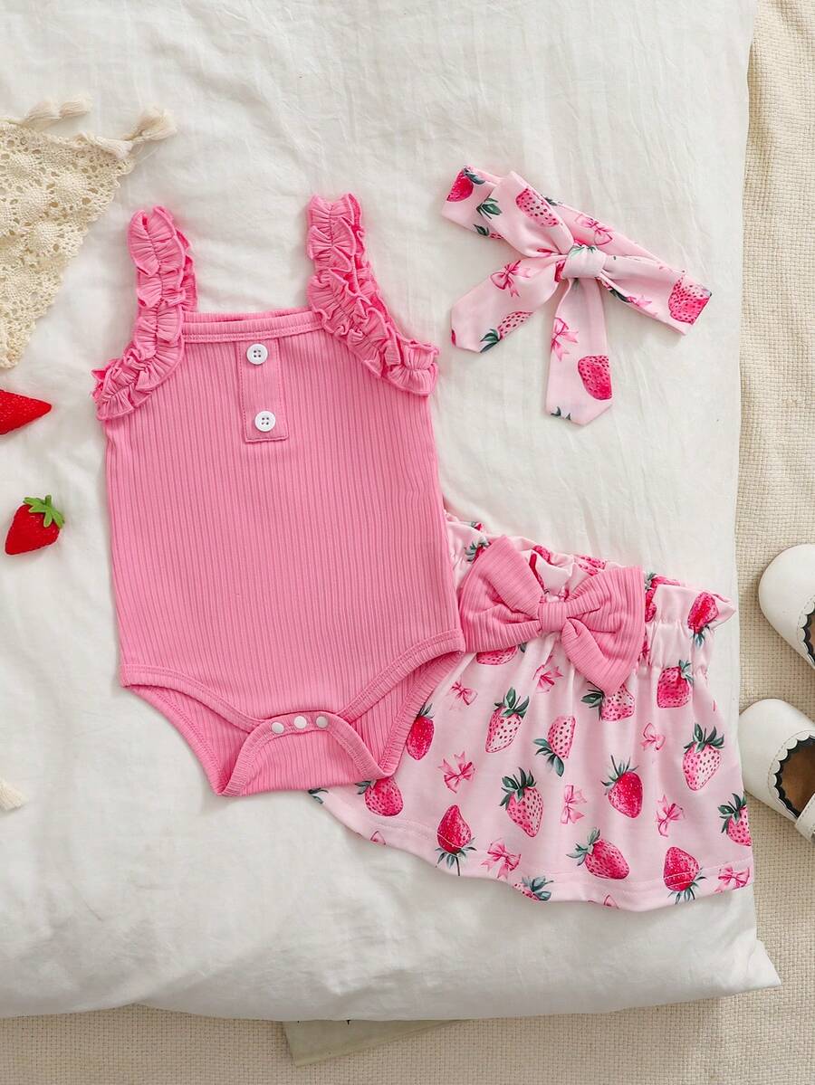 Baby Girl 2026 Summer 3pcs Buttoned Bodysuit and Lemon Skirt Set with Headband