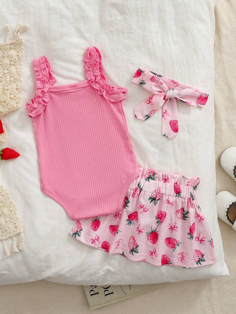 Baby Girl 2026 Summer 3pcs Buttoned Bodysuit and Lemon Skirt Set with Headband