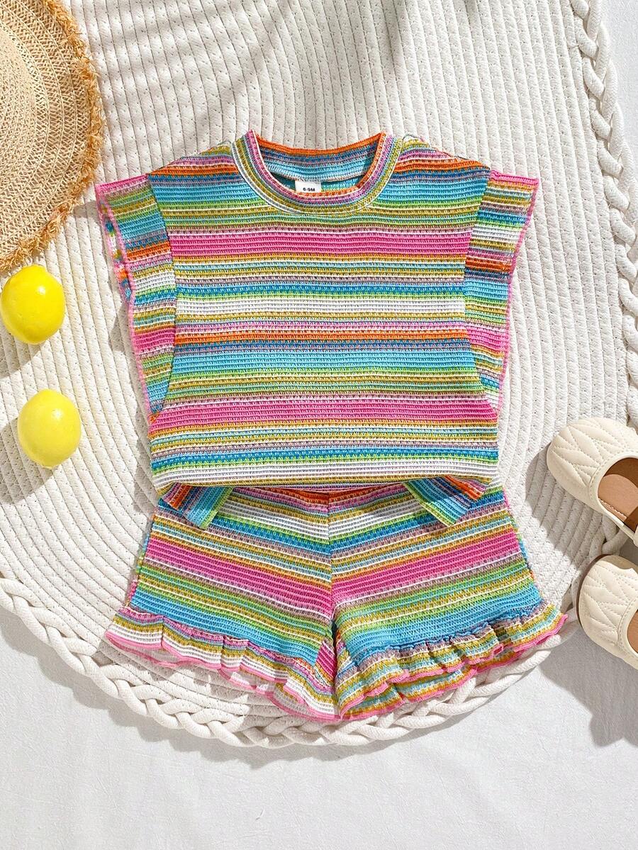 Baby Girl Black & White Striped Ruffle Sleeve T-Shirt & Shorts Set