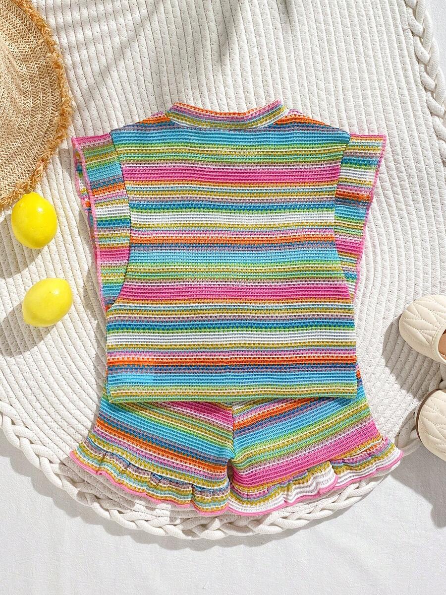 Baby Girl Black & White Striped Ruffle Sleeve T-Shirt & Shorts Set