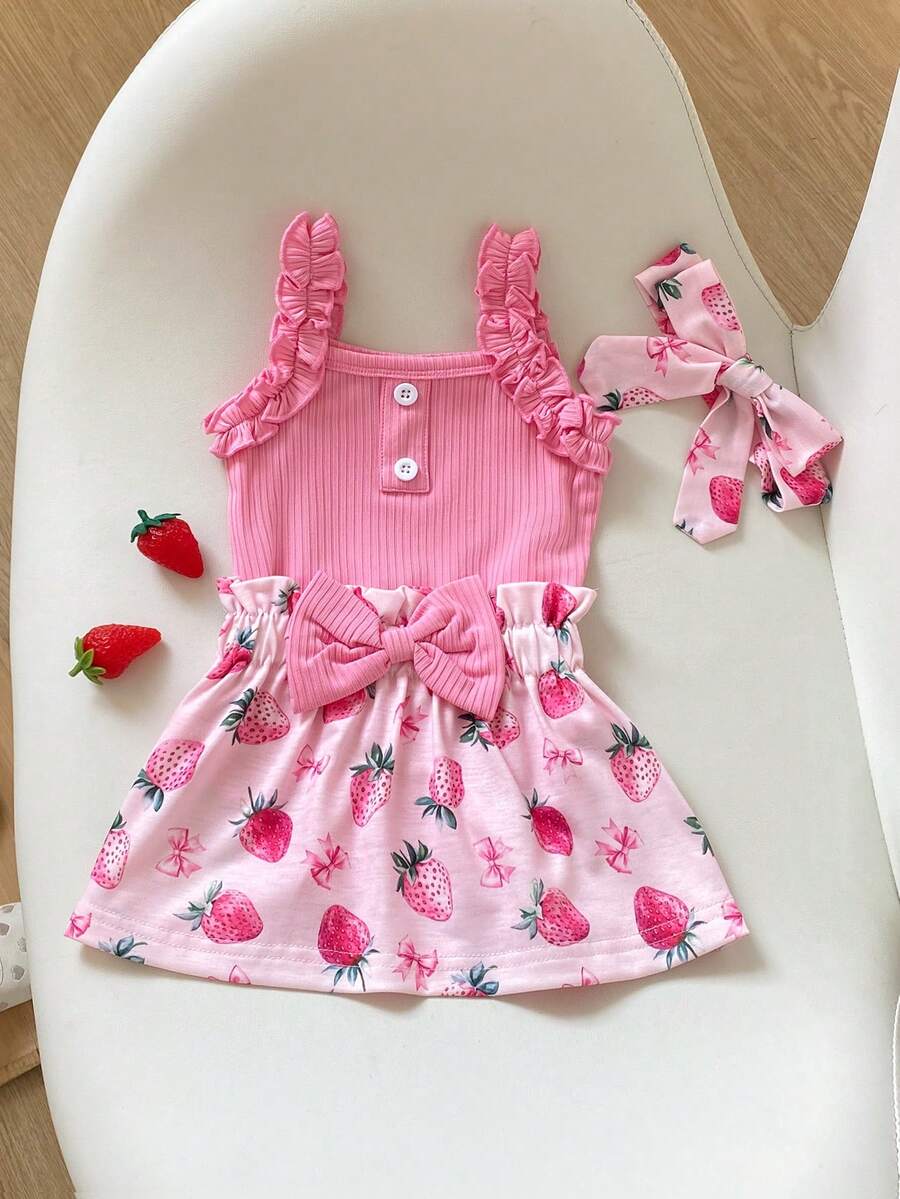 Baby Girl 2026 Summer 3pcs Buttoned Bodysuit and Lemon Skirt Set with Headband