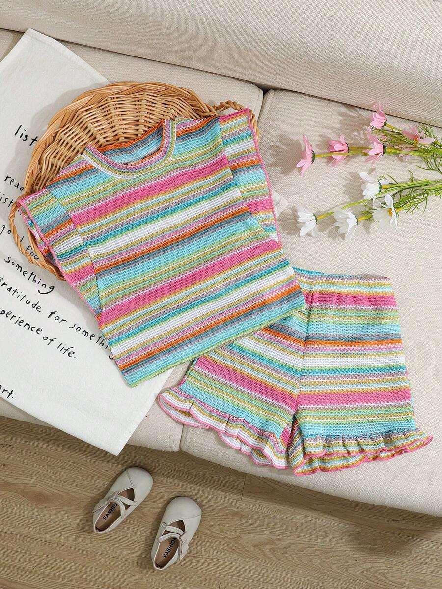 Baby Girl Black & White Striped Ruffle Sleeve T-Shirt & Shorts Set