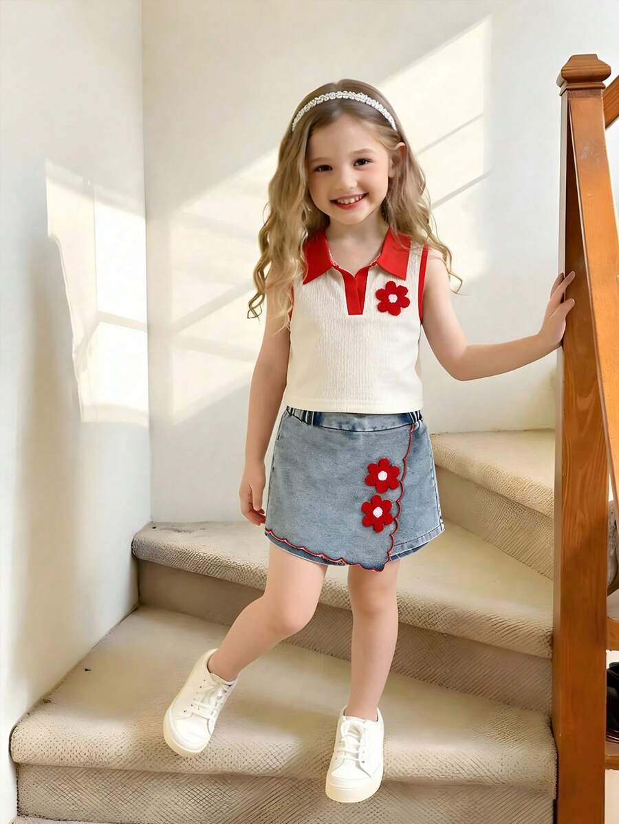 Toddler Girls Textured Knit Vest Top And Denim Skort Flower Embroidered Summer Outfit Set