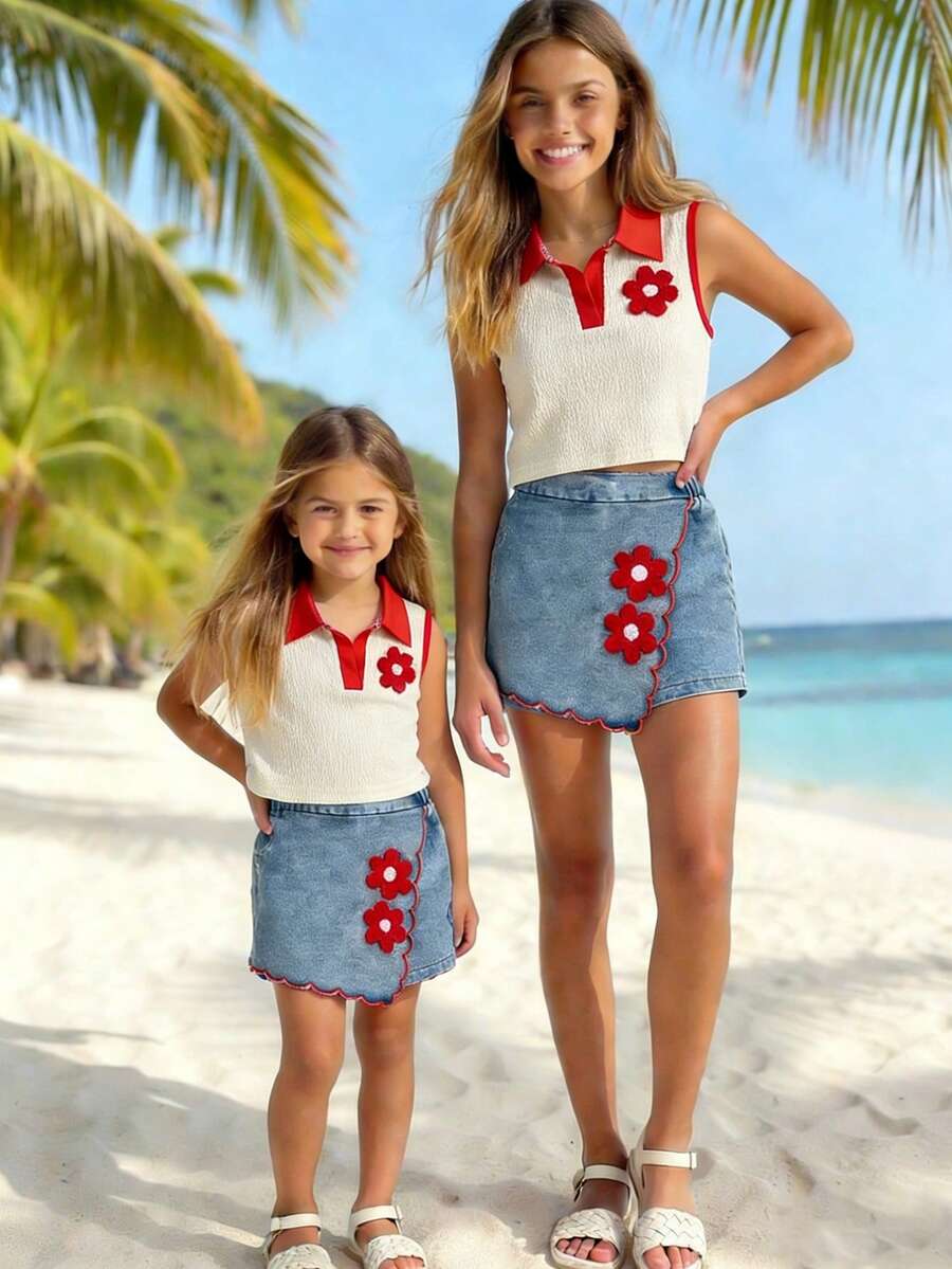 Toddler Girls Textured Knit Vest Top And Denim Skort Flower Embroidered Summer Outfit Set