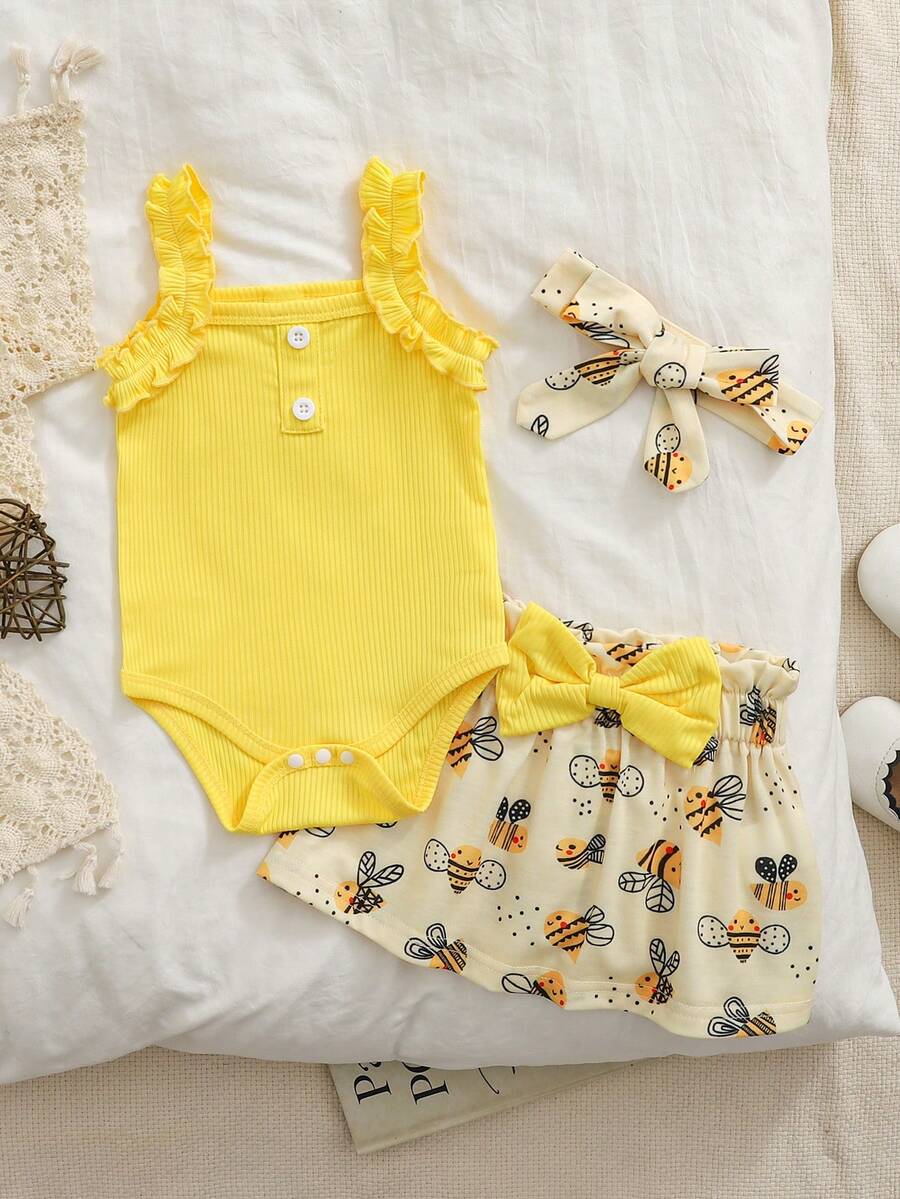Baby Girl 2026 Summer 3pcs Buttoned Bodysuit and Lemon Skirt Set with Headband