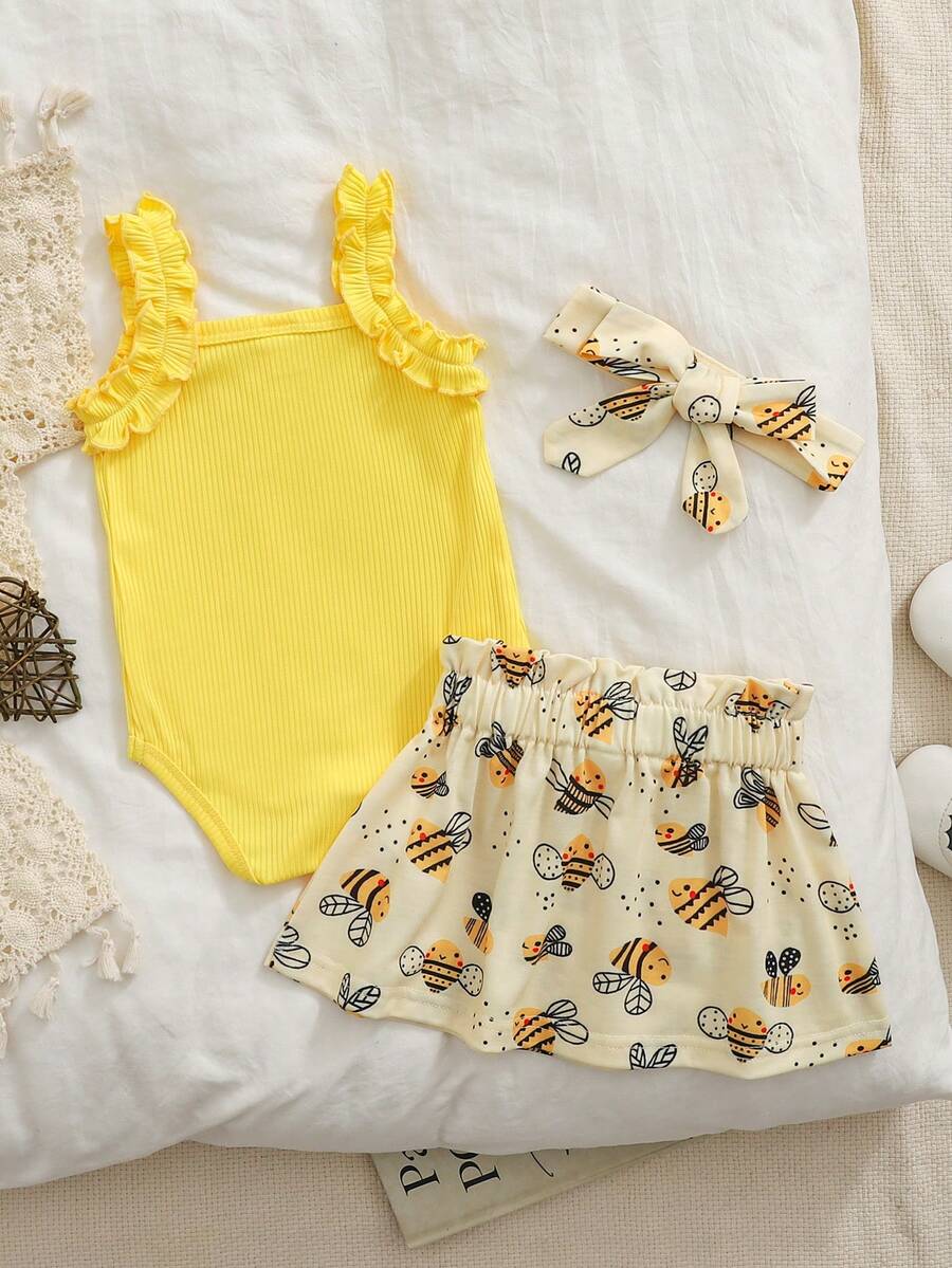 Baby Girl 2026 Summer 3pcs Buttoned Bodysuit and Lemon Skirt Set with Headband