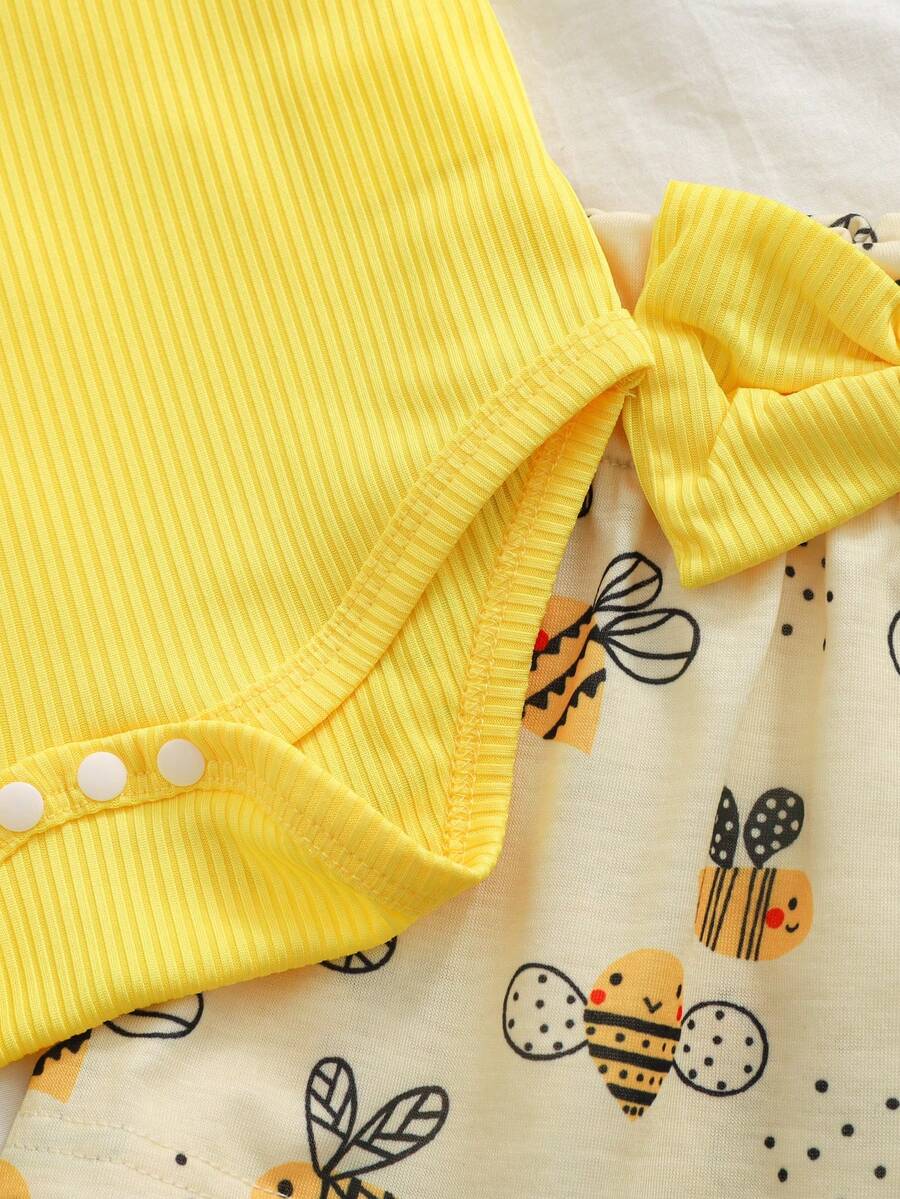 Baby Girl 2026 Summer 3pcs Buttoned Bodysuit and Lemon Skirt Set with Headband