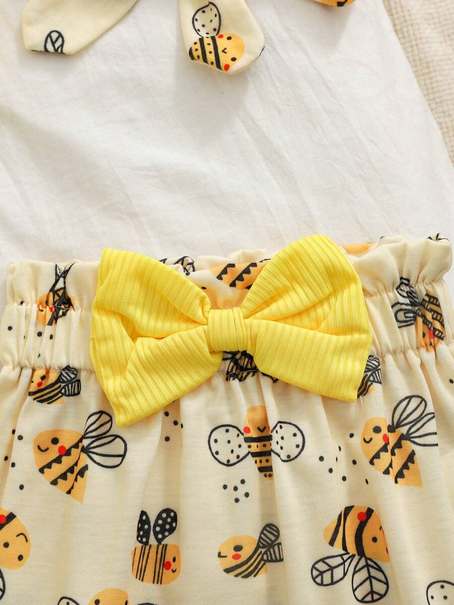 Baby Girl 2026 Summer 3pcs Buttoned Bodysuit and Lemon Skirt Set with Headband