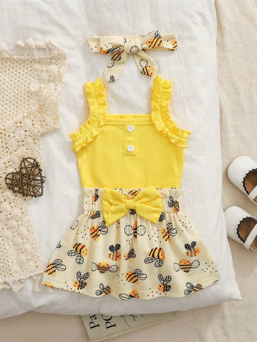 Baby Girl 2026 Summer 3pcs Buttoned Bodysuit and Lemon Skirt Set with Headband
