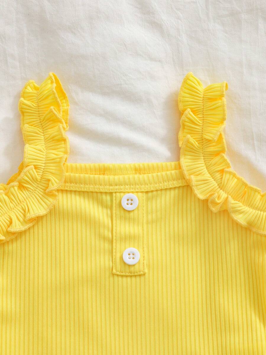 Baby Girl 2026 Summer 3pcs Buttoned Bodysuit and Lemon Skirt Set with Headband