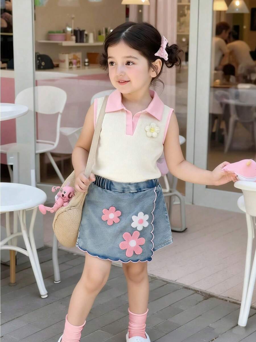 Toddler Girls Textured Knit Vest Top And Denim Skort Flower Embroidered Summer Outfit Set