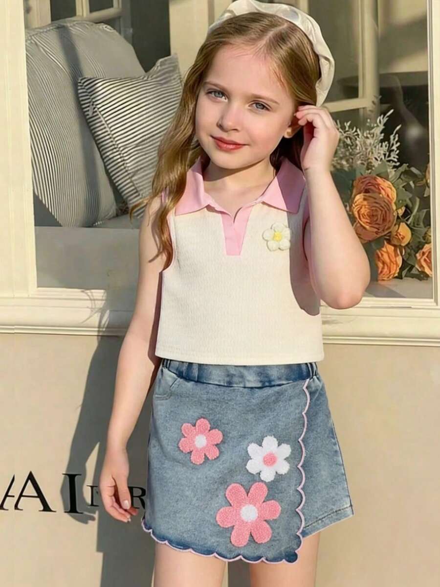 Toddler Girls Textured Knit Vest Top And Denim Skort Flower Embroidered Summer Outfit Set