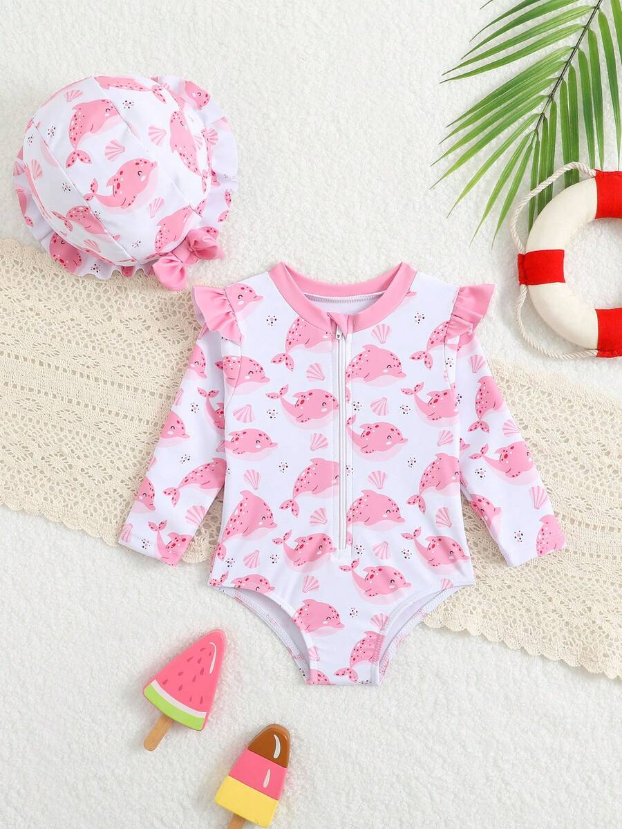 Baby Floral Long Sleeve One-Piece Swimsuit with Ruffle Hem and Matching Headband