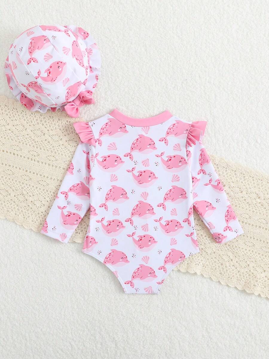 Baby Floral Long Sleeve One-Piece Swimsuit with Ruffle Hem and Matching Headband