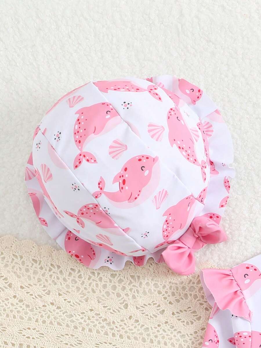 Baby Floral Long Sleeve One-Piece Swimsuit with Ruffle Hem and Matching Headband