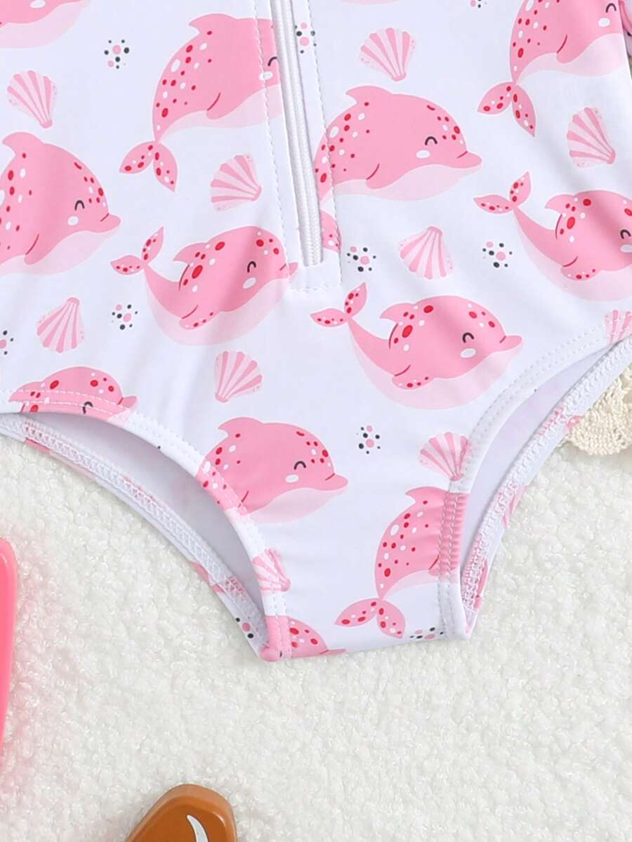 Baby Floral Long Sleeve One-Piece Swimsuit with Ruffle Hem and Matching Headband