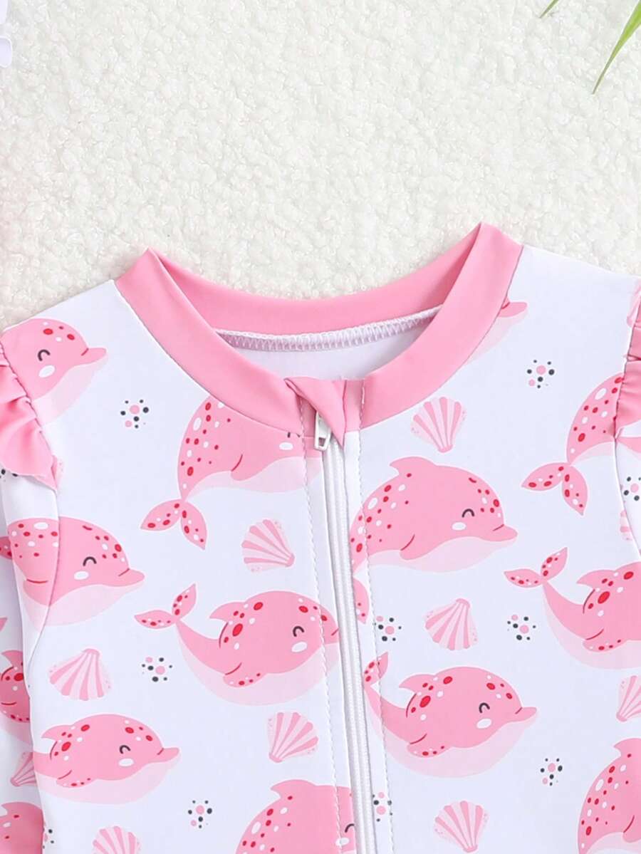 Baby Floral Long Sleeve One-Piece Swimsuit with Ruffle Hem and Matching Headband