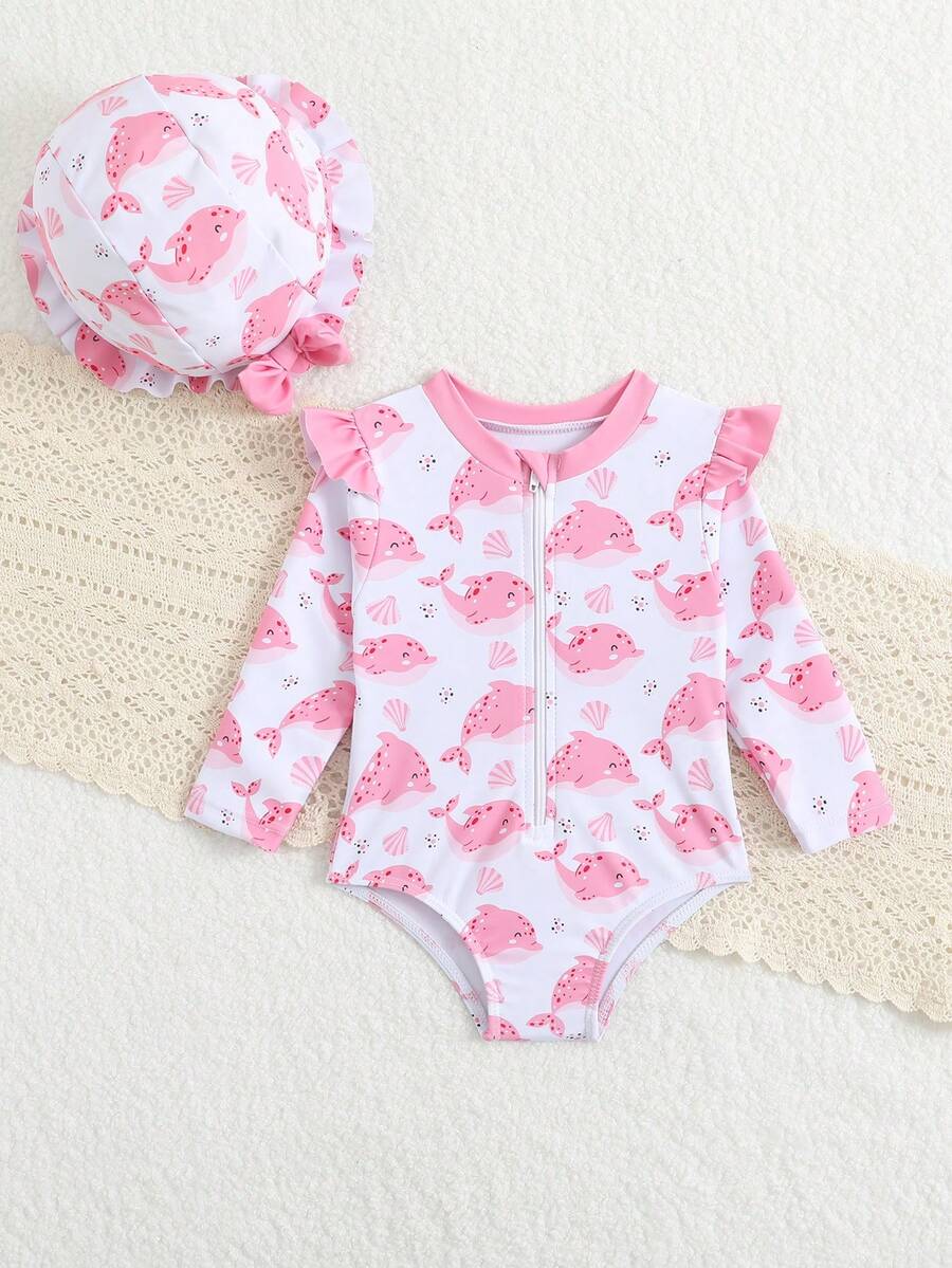 Baby Floral Long Sleeve One-Piece Swimsuit with Ruffle Hem and Matching Headband
