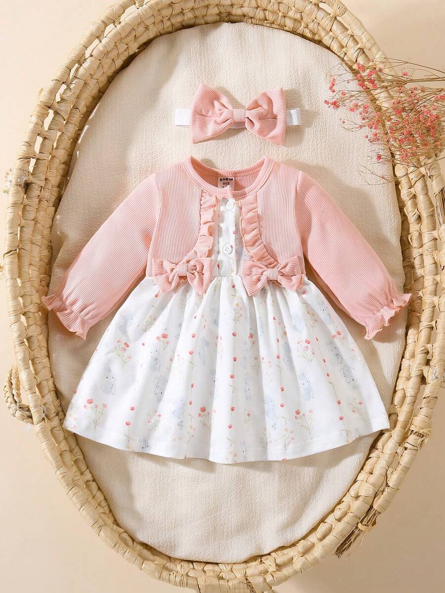 Baby Floral Bow Dress and Headband Set for Sweet Autumn and Winter Daily Wear