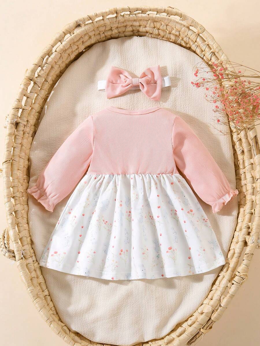 Baby Floral Bow Dress and Headband Set for Sweet Autumn and Winter Daily Wear