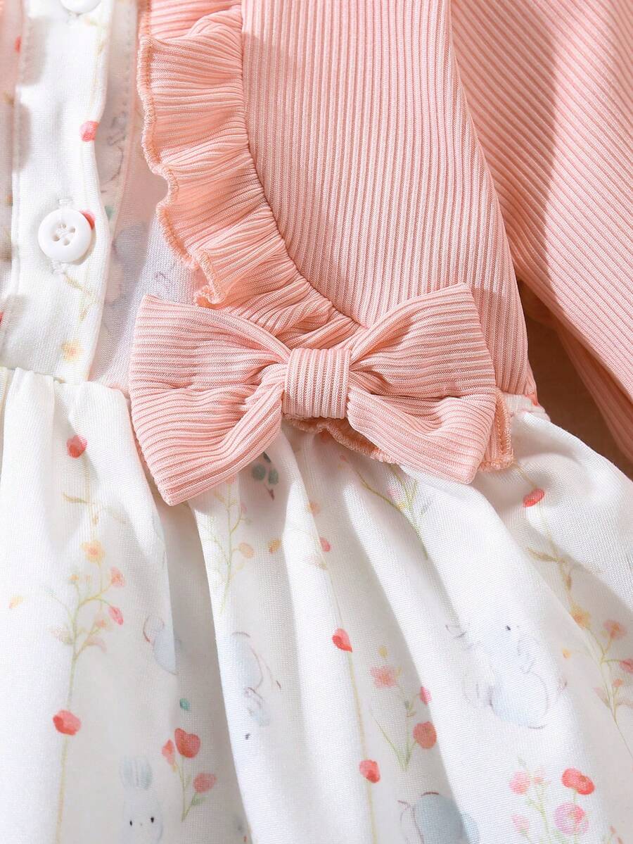 Baby Floral Bow Dress and Headband Set for Sweet Autumn and Winter Daily Wear