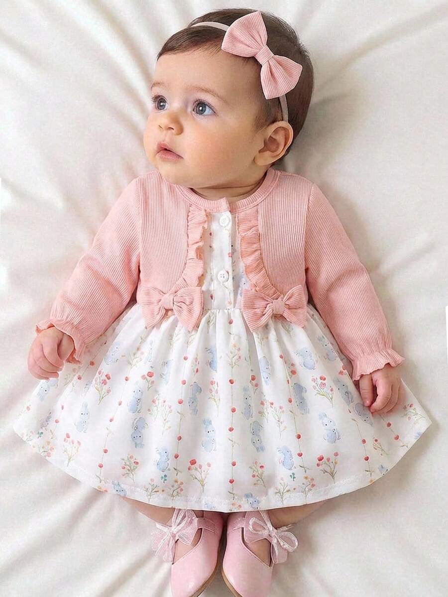 Baby Girl Floral Patchwork Dress & Headband Set - Sweet Pink Autumn Outfit