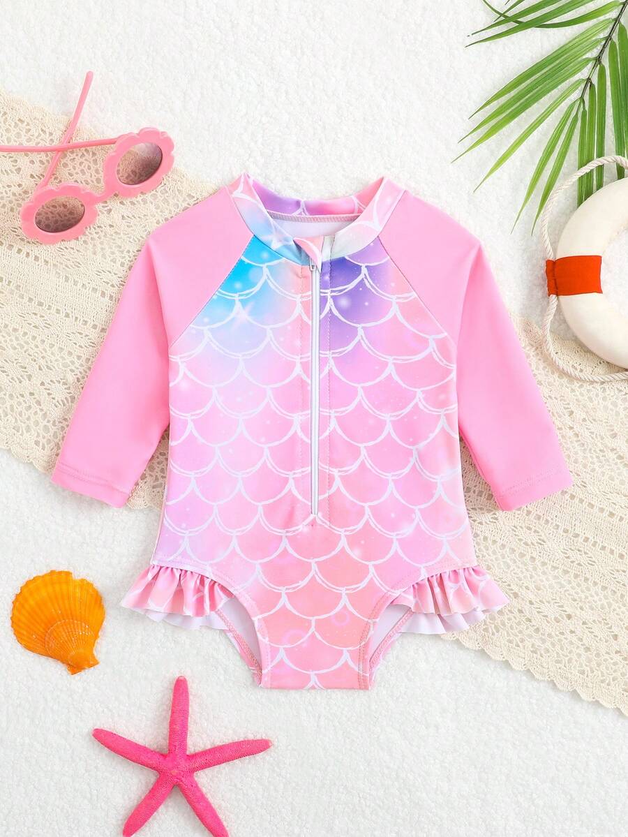 Baby Girl Cartoon Fish Print Long Sleeve Rash Guard Swimsuit