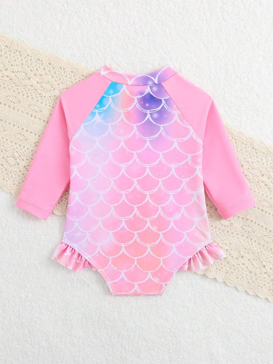 Baby Girl Cartoon Fish Print Long Sleeve Rash Guard Swimsuit