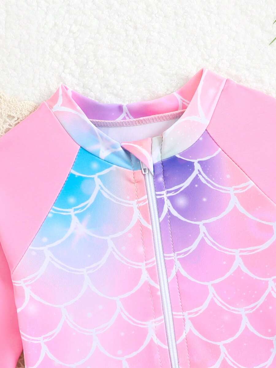 Baby Girl Cartoon Fish Print Long Sleeve Rash Guard Swimsuit