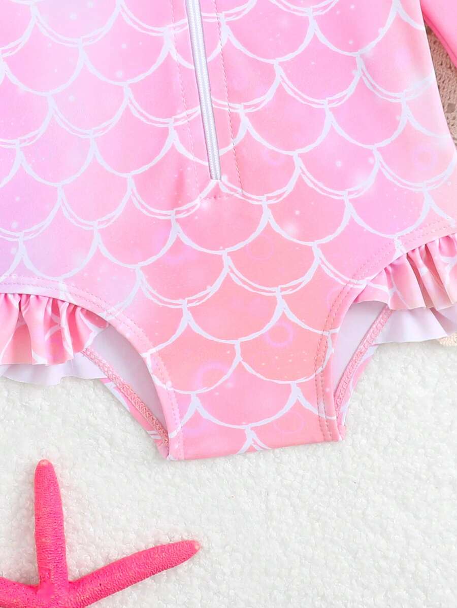 Baby Girl Cartoon Fish Print Long Sleeve Rash Guard Swimsuit