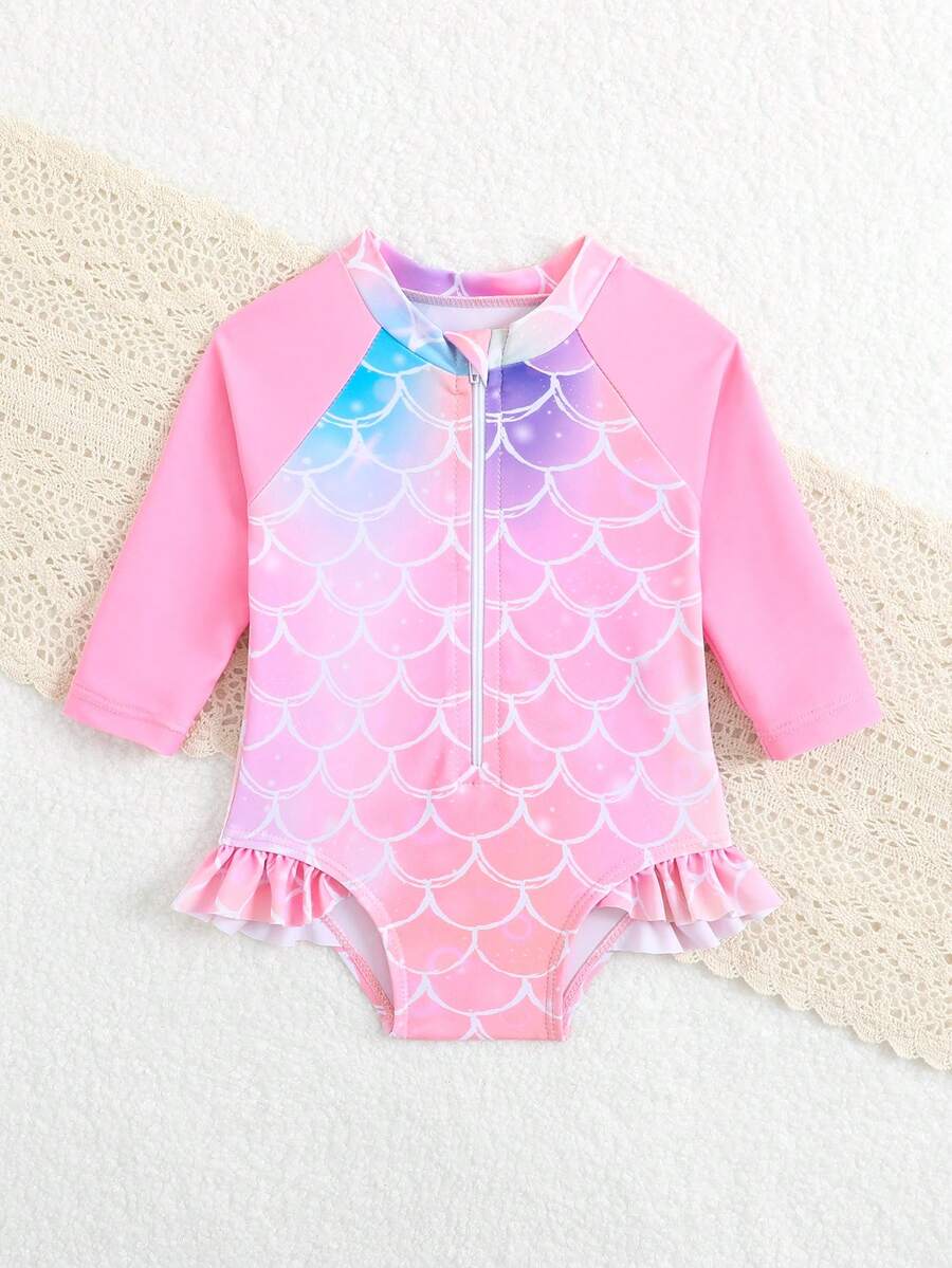 Baby Girl Cartoon Fish Print Long Sleeve Rash Guard Swimsuit