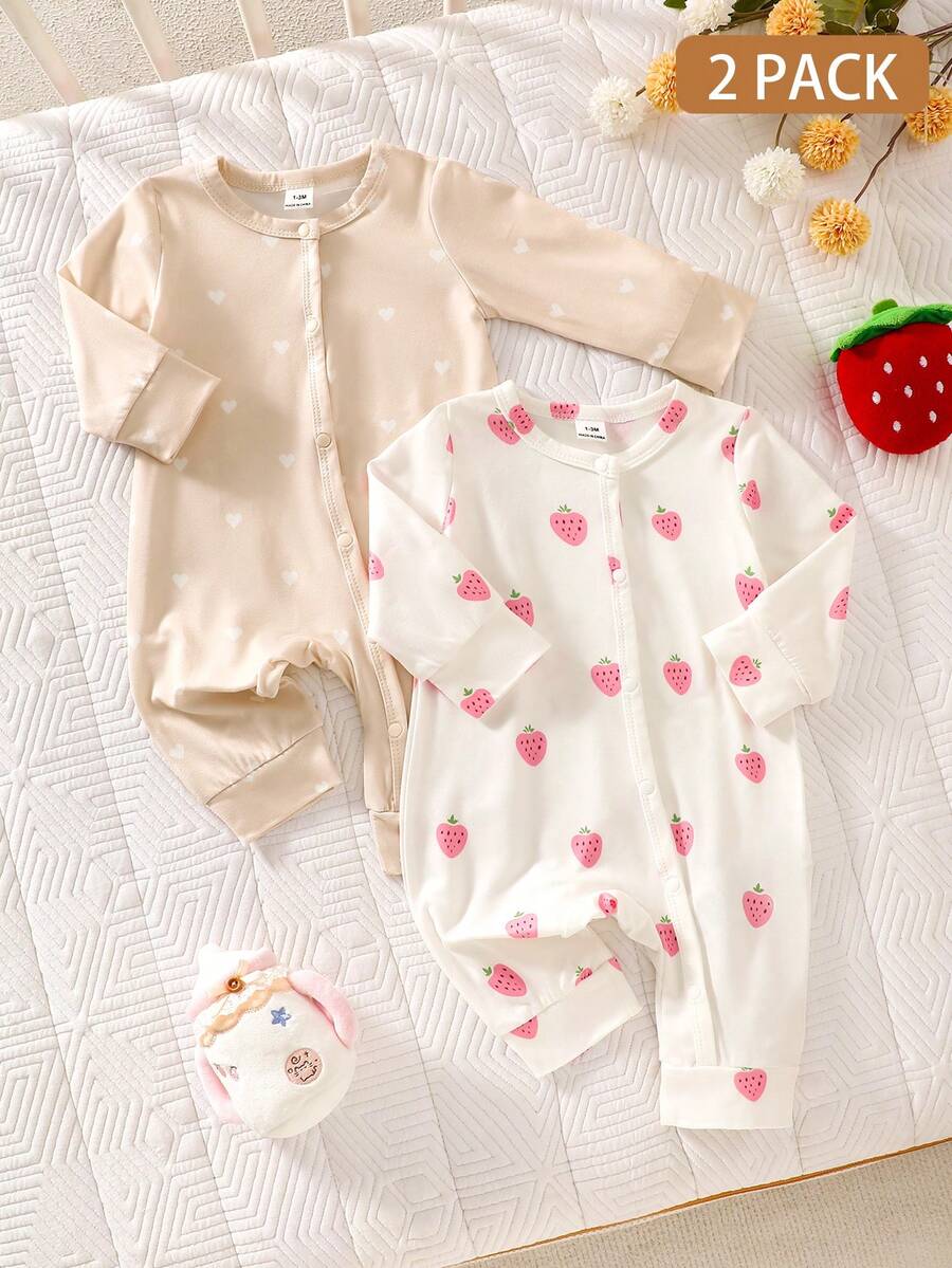2PCS Baby Strawberry Print Long Sleeve Romper Set for Spring and Autumn Wear