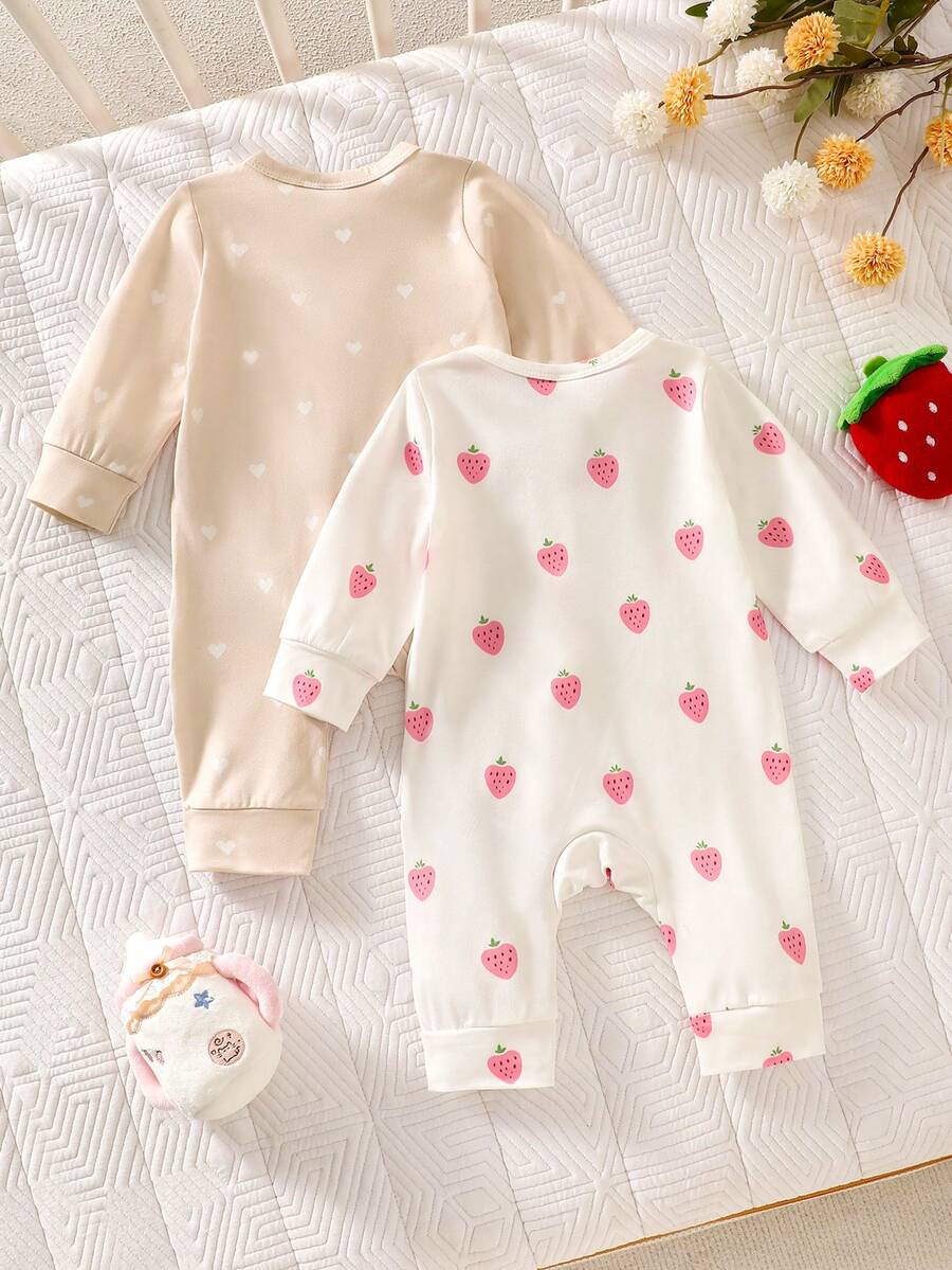 2PCS Baby Strawberry Print Long Sleeve Romper Set for Spring and Autumn Wear