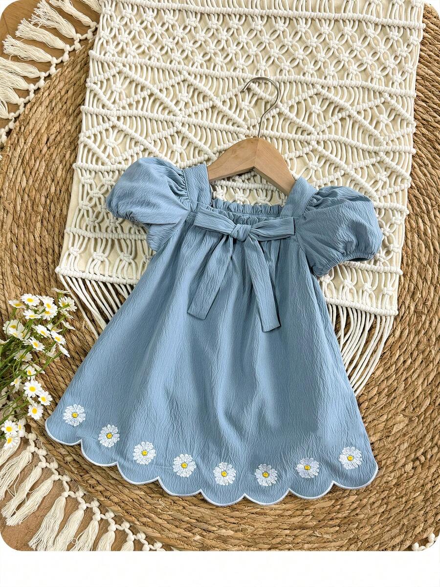 Baby Girl Plaid Bow Detail Short Sleeve Dress Cute Summer Vacation Outfit